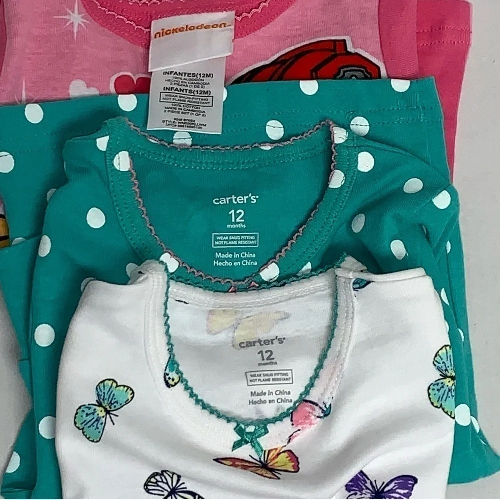 Lot of 3 Infants Size 12M Pajama Sets Polka Dot Butterfly Paw Patrol